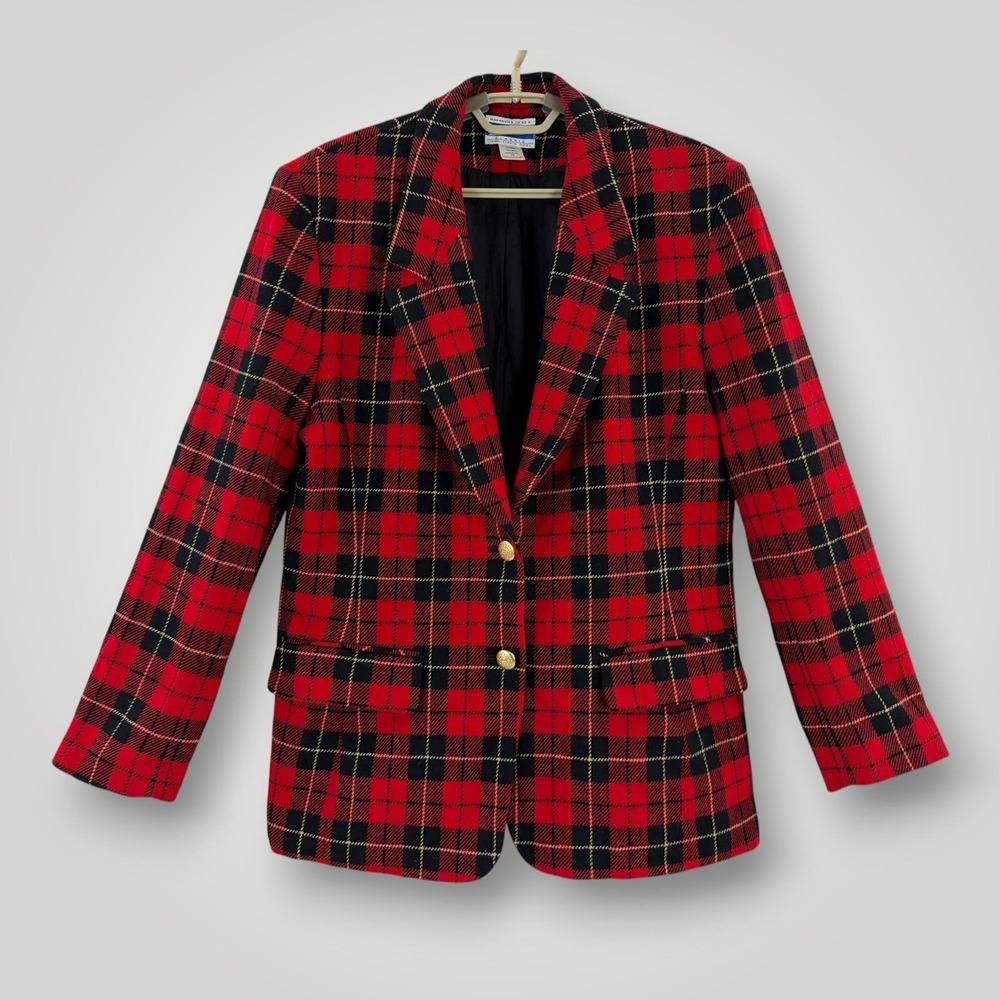 Vintage Pendleton Blazer Womens 14 Red Plaid Virgin Wool Gold Button USA